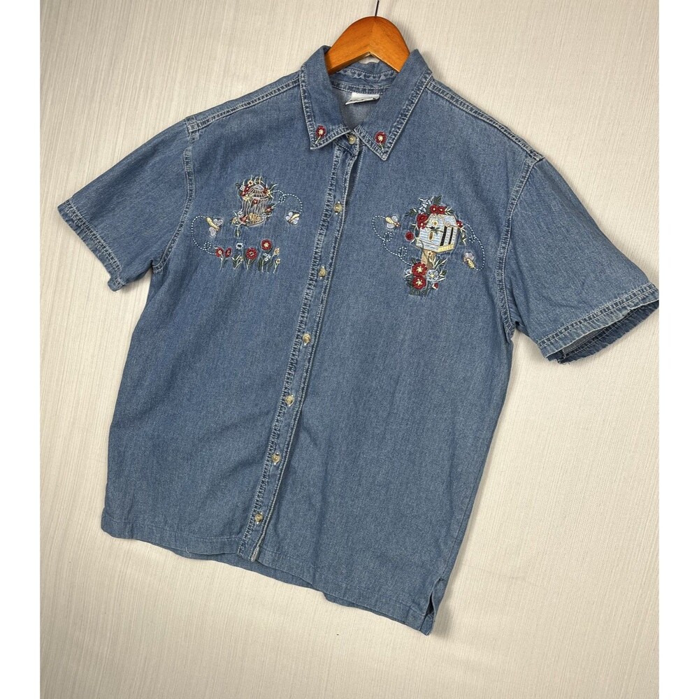 Bobbie Brooks Denim Shirt Womens‎ 14W Blue Embroidered Button Down Cottagecore
